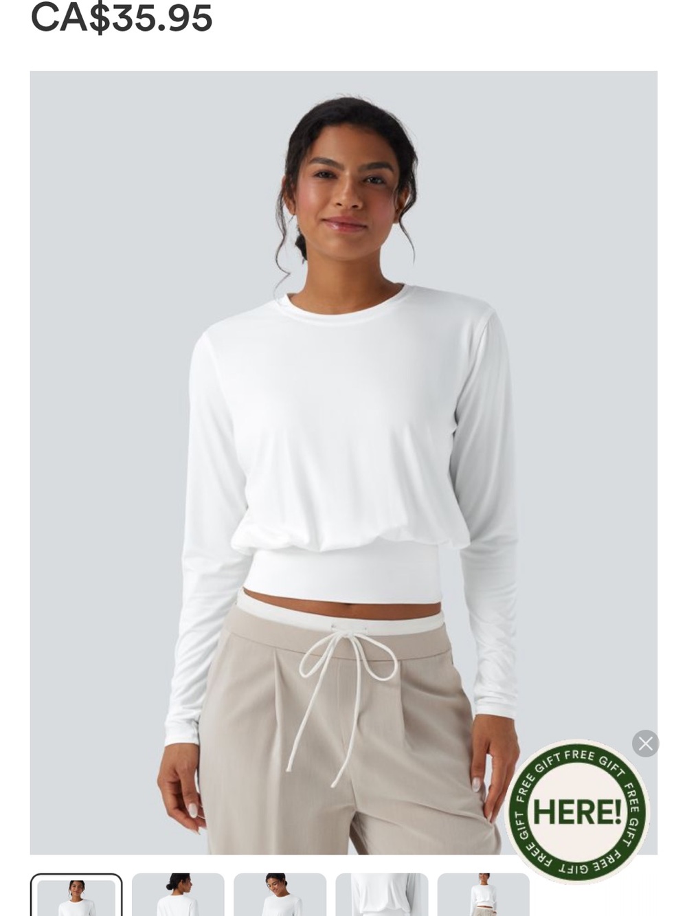 HALARA White Long-Sleeve Cropped Crewneck Top